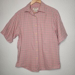 Eddie Bauer Women's Pink Plaid Short Sleeve Shirt Size Small Petite